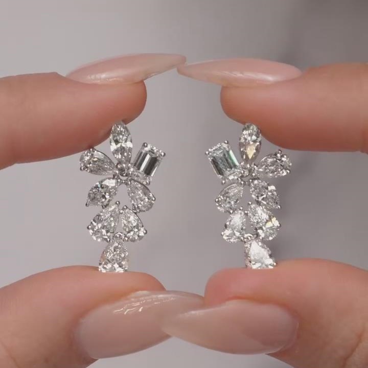 Elegant Diamond White 925 Sterling Silver Floral Drop Earrings