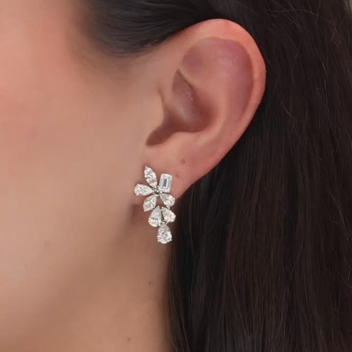 Elegant Diamond White 925 Sterling Silver Floral Drop Earrings