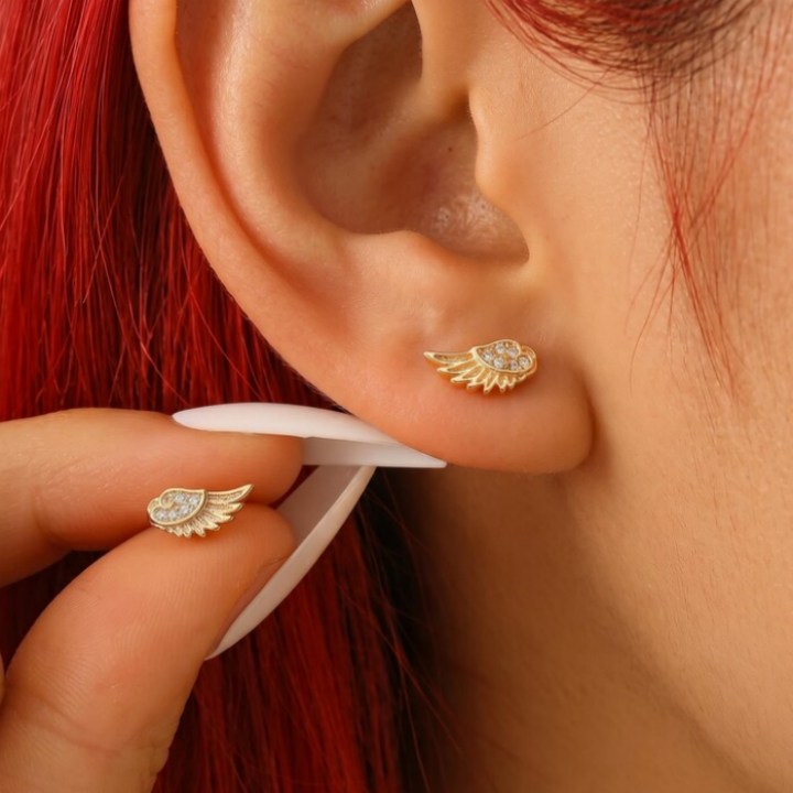 Dainty Diamond White Sterling Silver Angel Wing Stud Earrings