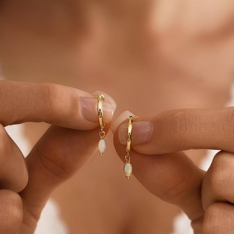 Minimalist Marquise Cut Opal Sterling Silver Drop Earrings