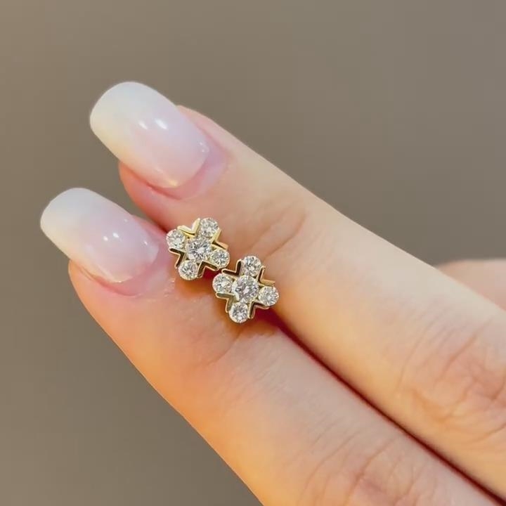 Dainty Round Cut Diamond White Sterling Silver Clover Yellow Gold Stud Earrings