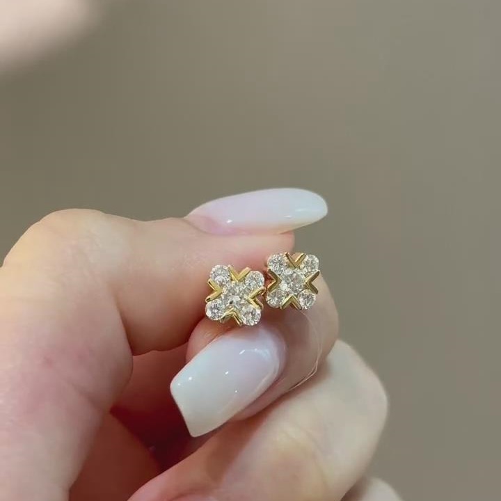 Dainty Round Cut Diamond White Sterling Silver Clover Yellow Gold Stud Earrings