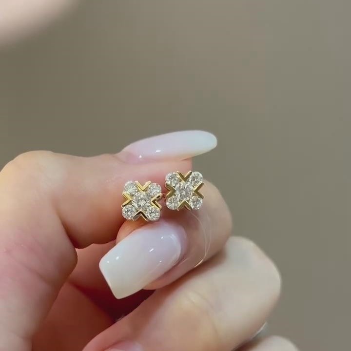 Dainty Round Cut Diamond White Sterling Silver Clover Yellow Gold Stud Earrings