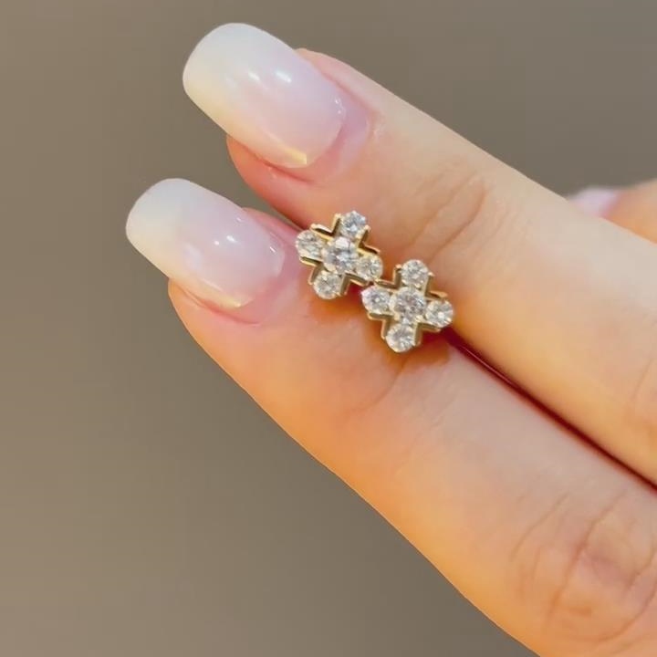 Dainty Round Cut Diamond White Sterling Silver Clover Yellow Gold Stud Earrings