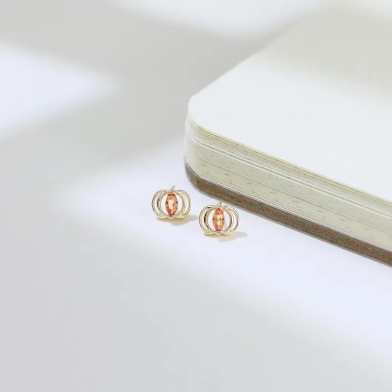 Marquise Cut Orange Sterling Silver Yellow Gold Pumpkin Halloween Stud Earrings