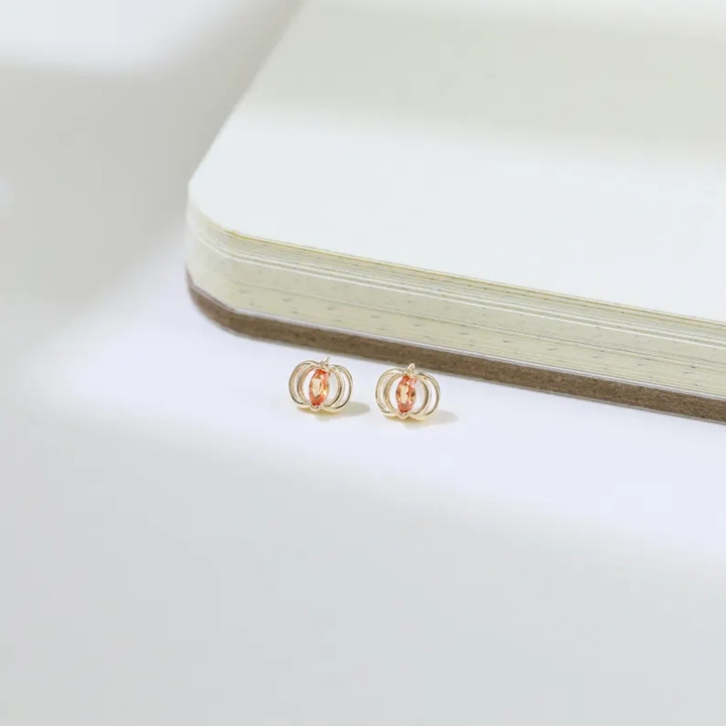 Marquise Cut Orange Sterling Silver Yellow Gold Pumpkin Halloween Stud Earrings