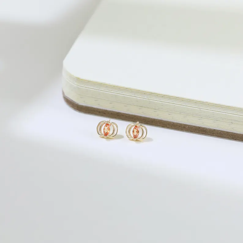 Marquise Cut Orange Sterling Silver Yellow Gold Pumpkin Halloween Stud Earrings