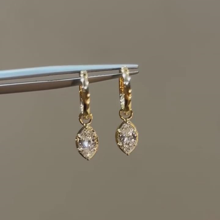 Elegant Marquise Cut Diamond White 925 Sterling Silver Yellow Gold Dangle Hoop Earrings