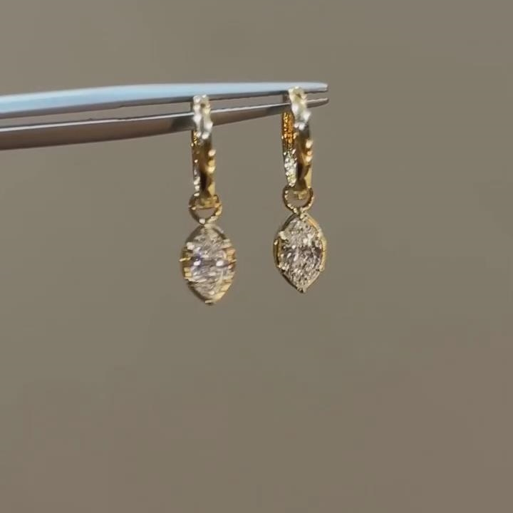 Elegant Marquise Cut Diamond White 925 Sterling Silver Yellow Gold Dangle Hoop Earrings