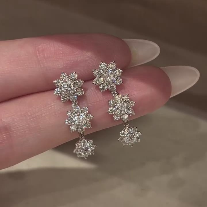 Round Cut Diamond White 925 Sterling Silver Floral Cluster Dangle Earrings