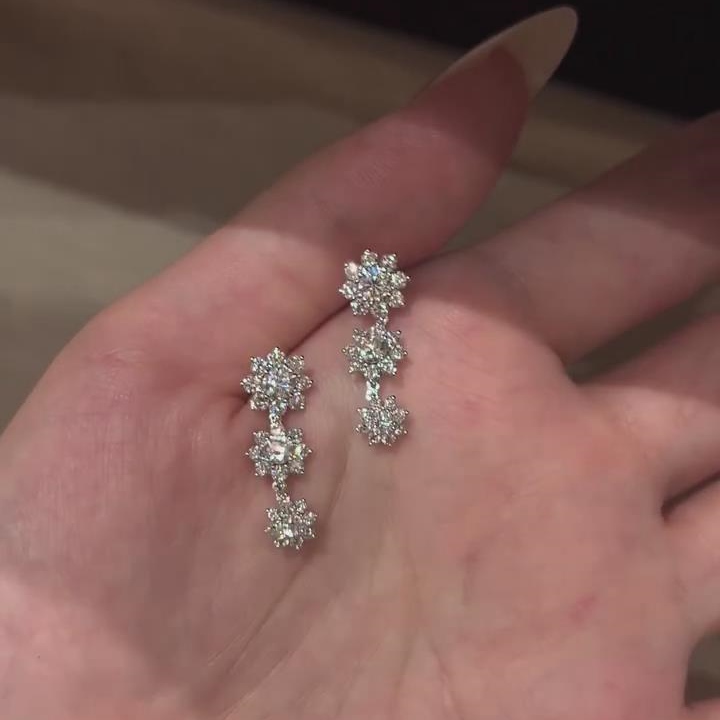 Round Cut Diamond White 925 Sterling Silver Floral Cluster Dangle Earrings