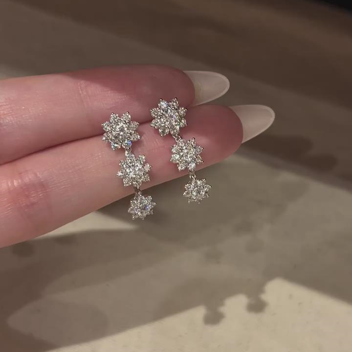 Round Cut Diamond White 925 Sterling Silver Floral Cluster Dangle Earrings