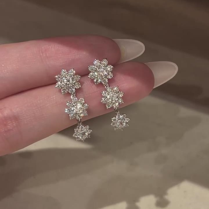 Round Cut Diamond White 925 Sterling Silver Floral Cluster Dangle Earrings