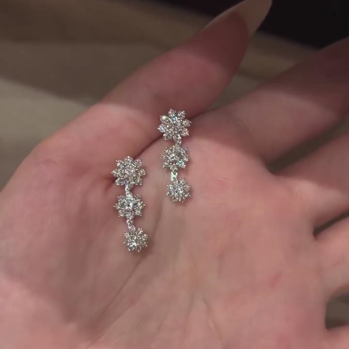 Round Cut Diamond White 925 Sterling Silver Floral Cluster Dangle Earrings