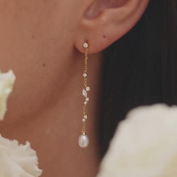Elegant Diamond White 925 Sterling Silver Yellow Gold Pearl Drop Earrings