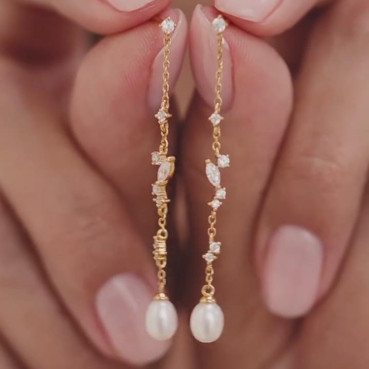 Elegant Diamond White 925 Sterling Silver Yellow Gold Pearl Drop Earrings