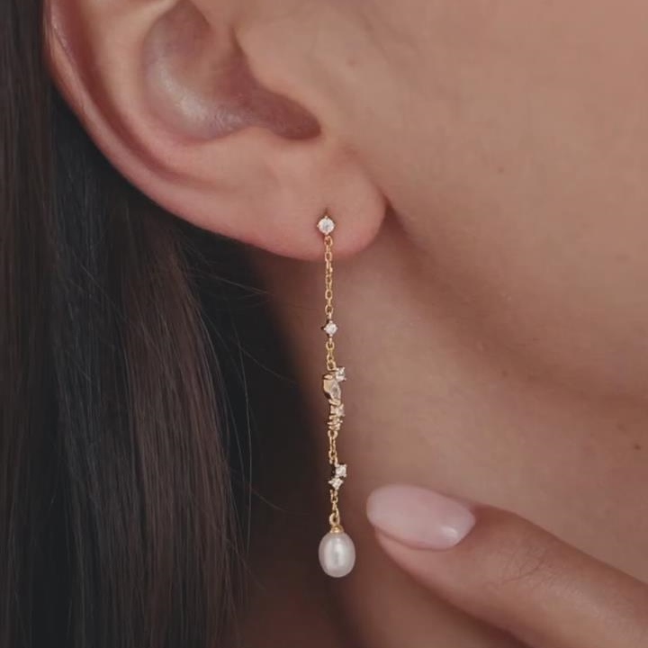 Elegant Diamond White 925 Sterling Silver Yellow Gold Pearl Drop Earrings