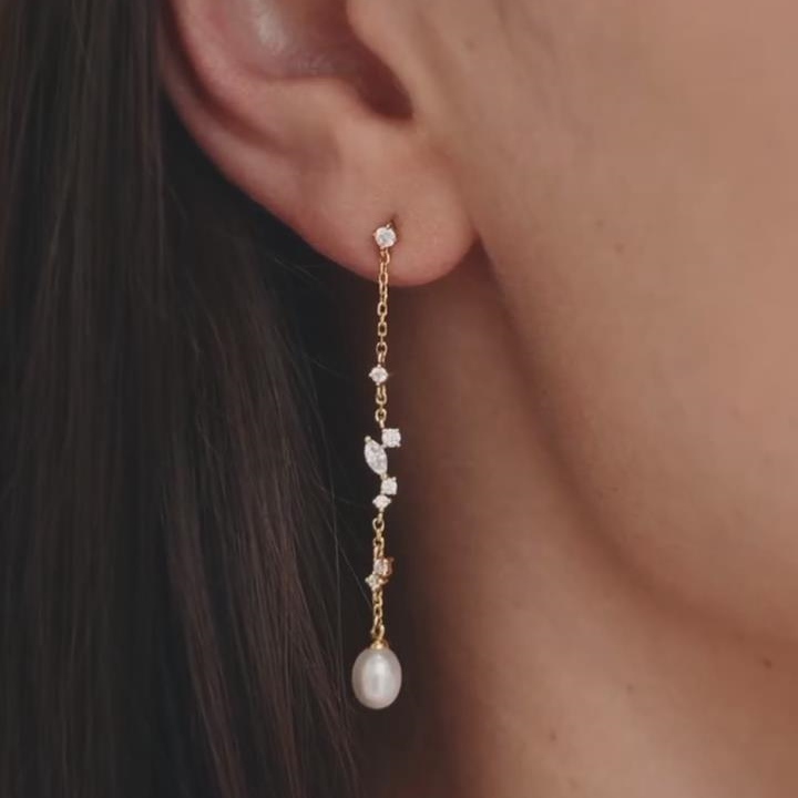 Elegant Diamond White 925 Sterling Silver Yellow Gold Pearl Drop Earrings