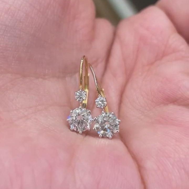 Classic Round Cut Diamond White 925 Sterling Silver Yellow Gold Dangle Earrings