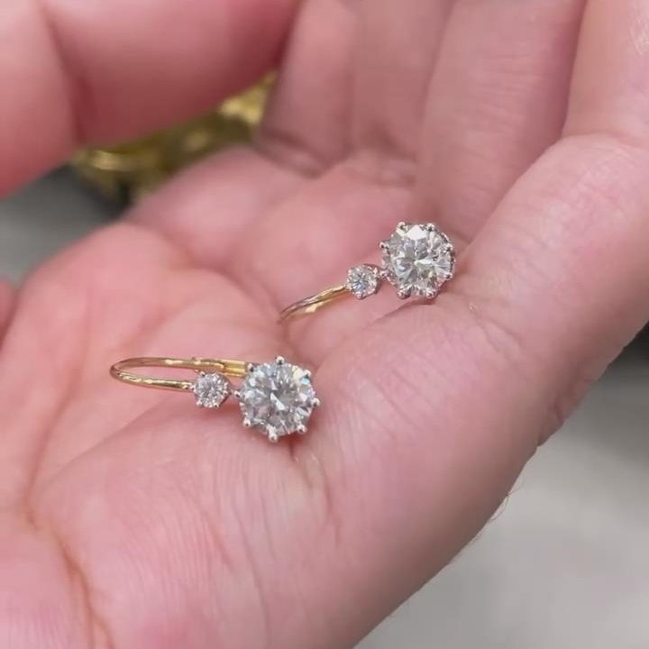 Classic Round Cut Diamond White 925 Sterling Silver Yellow Gold Dangle Earrings