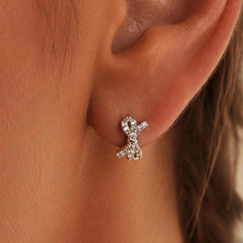 Round Cut Diamond White 925 Sterling Silver Bow Knot Huggie Earrings