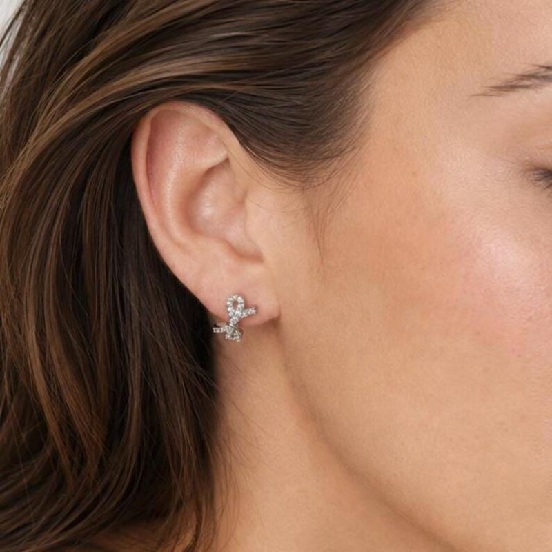 Round Cut Diamond White 925 Sterling Silver Bow Knot Huggie Earrings