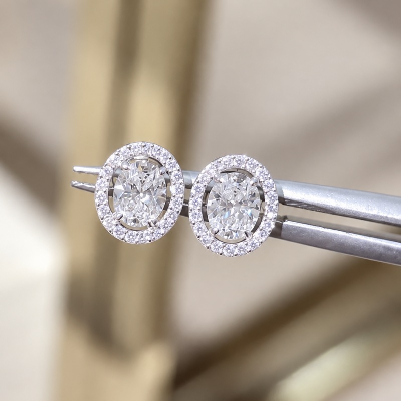 Oval Cut Diamond White Sterling Silver Halo Stud Earrings