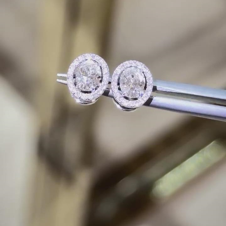 Oval Cut Diamond White Sterling Silver Halo Stud Earrings