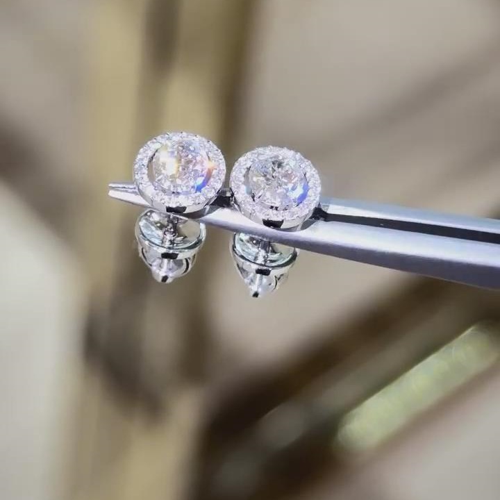 Oval Cut Diamond White Sterling Silver Halo Stud Earrings