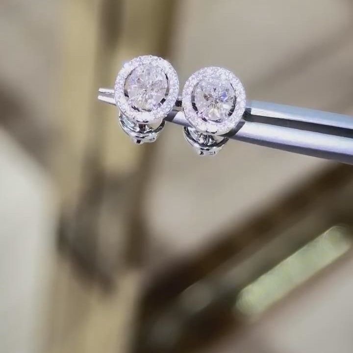Oval Cut Diamond White Sterling Silver Halo Stud Earrings