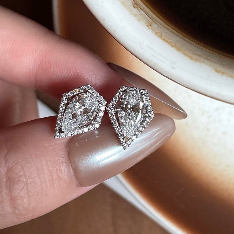 Pear Cut Diamond White Sterling Silver Halo Stud Earrings
