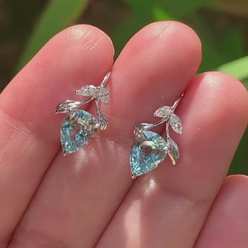 Pear Cut Aquamarine Blue Sterling Silver Leaf Drop Earrings