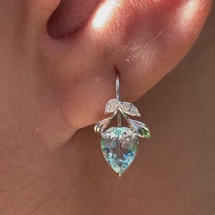 Pear Cut Aquamarine Blue Sterling Silver Leaf Drop Earrings