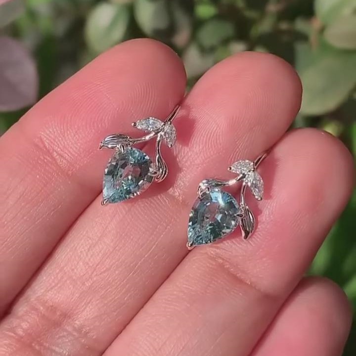 Pear Cut Aquamarine Blue Sterling Silver Leaf Drop Earrings