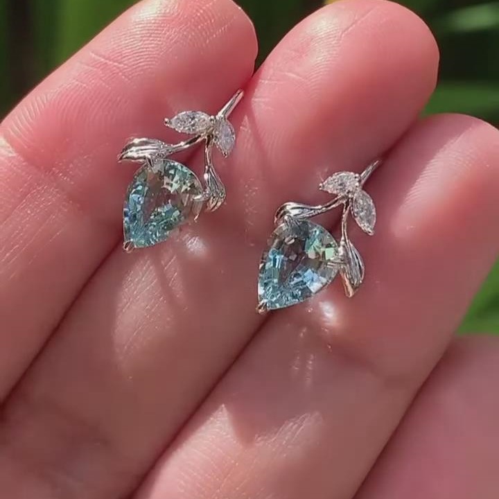 Pear Cut Aquamarine Blue Sterling Silver Leaf Drop Earrings