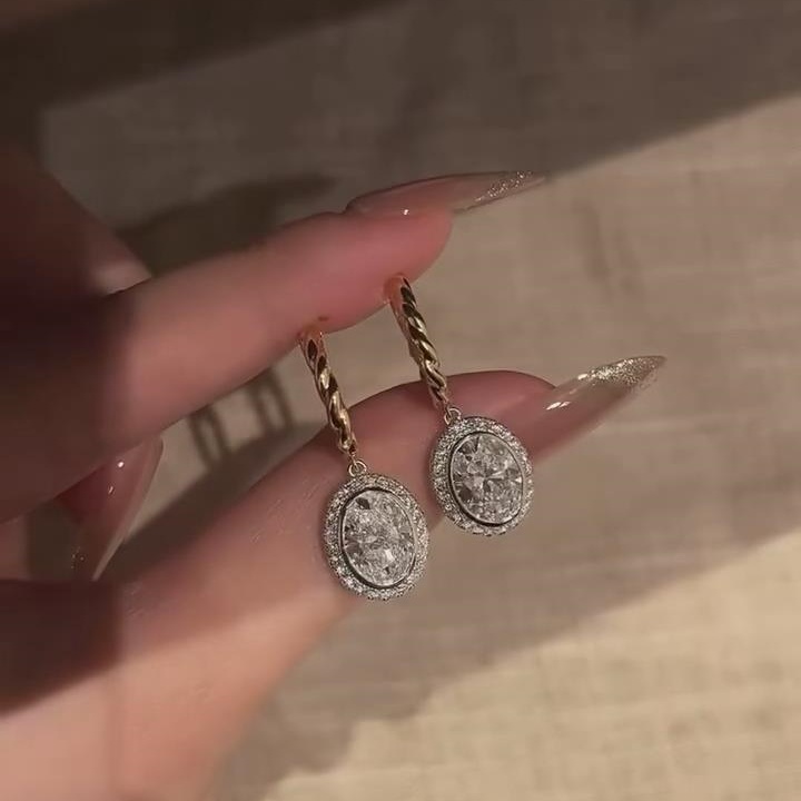 Oval Cut Diamond White Sterling Silver Yellow Gold Halo Drop Earrings
