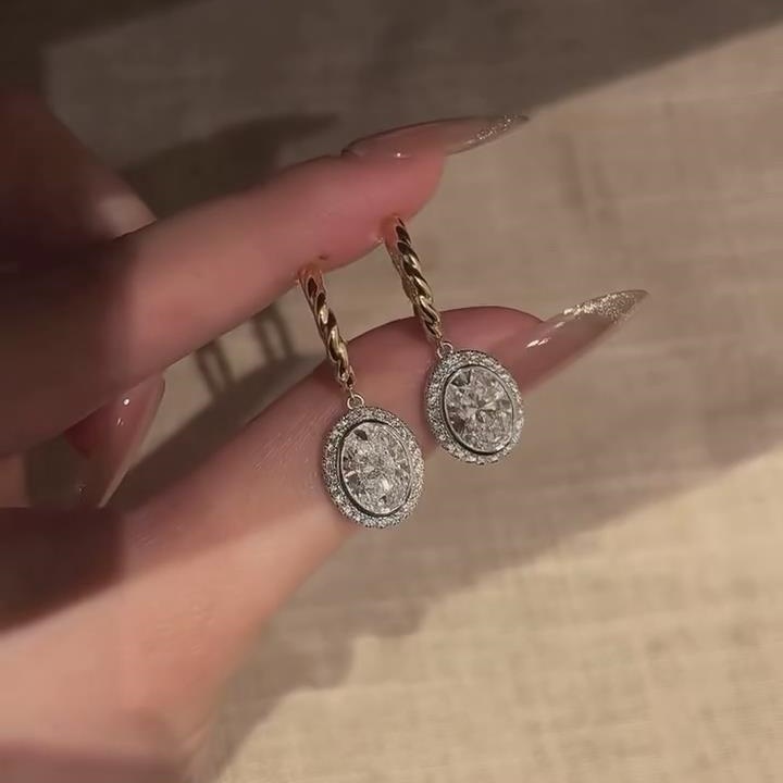 Oval Cut Diamond White Sterling Silver Yellow Gold Halo Drop Earrings