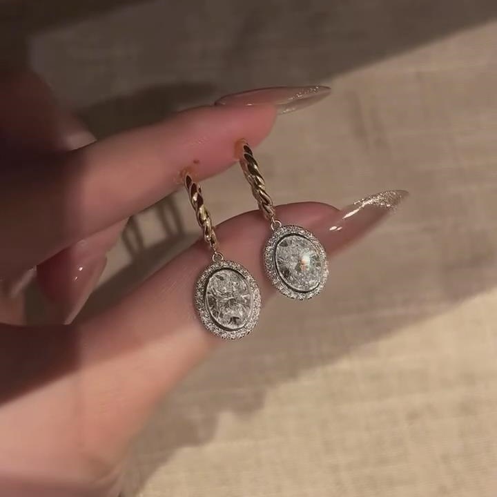 Oval Cut Diamond White Sterling Silver Yellow Gold Halo Drop Earrings