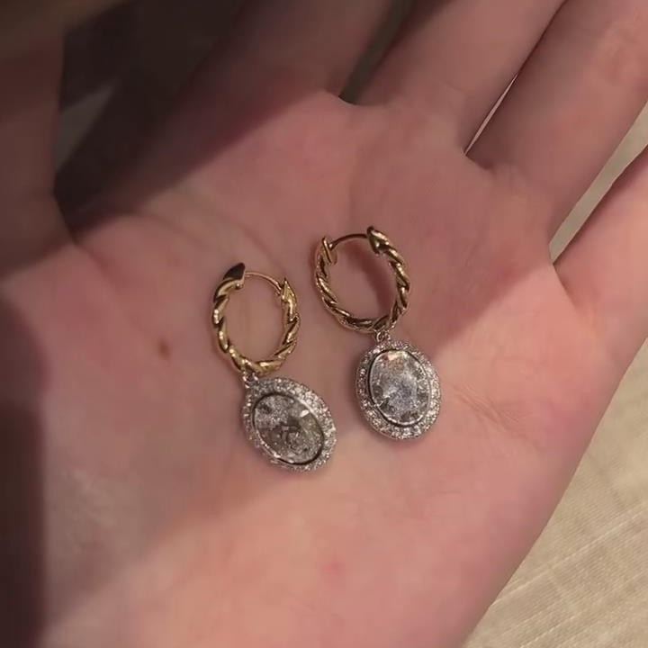 Oval Cut Diamond White Sterling Silver Yellow Gold Halo Drop Earrings