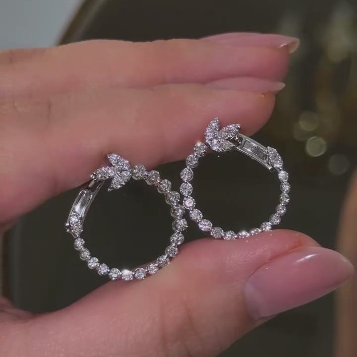 Elegant Round Cut Diamond White 925 Sterling Silver Hoop Earrings