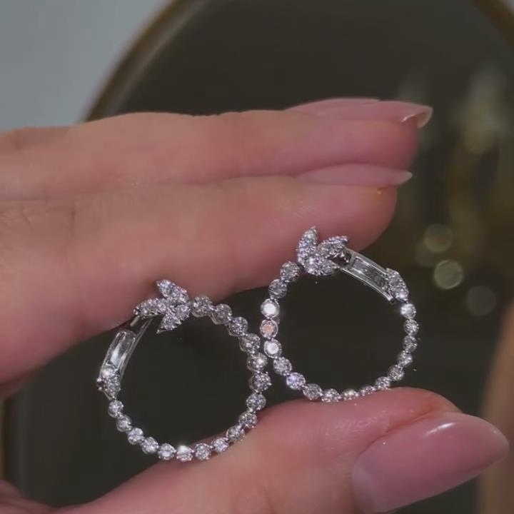Elegant Round Cut Diamond White 925 Sterling Silver Hoop Earrings