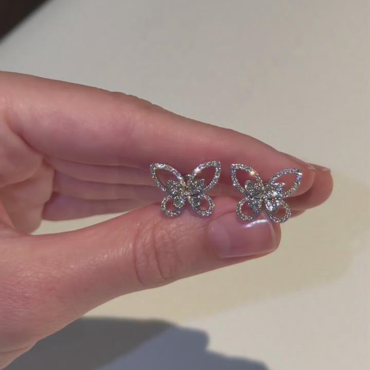 Elegant Diamond White 925 Sterling Silver Butterfly Stud Earrings