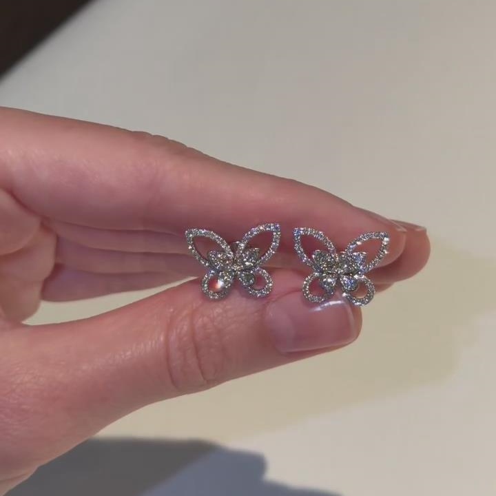 Elegant Diamond White 925 Sterling Silver Butterfly Stud Earrings