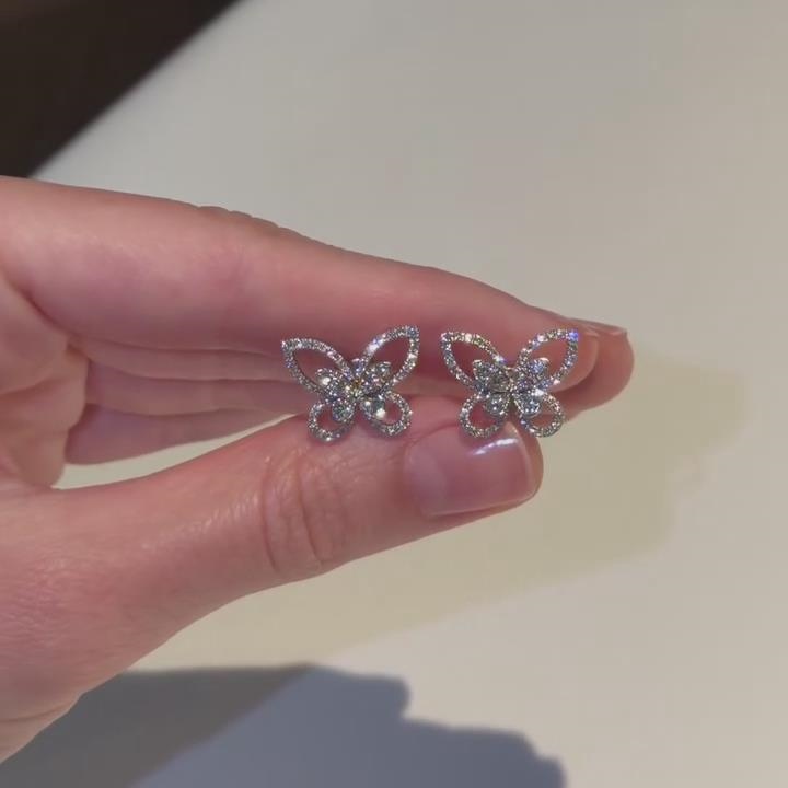 Elegant Diamond White 925 Sterling Silver Butterfly Stud Earrings