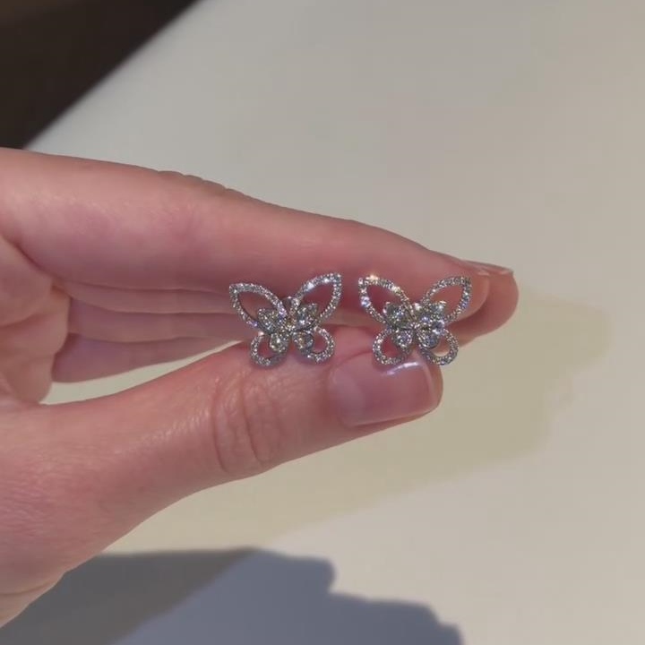 Elegant Diamond White 925 Sterling Silver Butterfly Stud Earrings