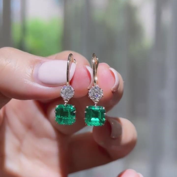 Asscher Cut Emerald Green Sterling Silver Yellow Gold Drop Earrings