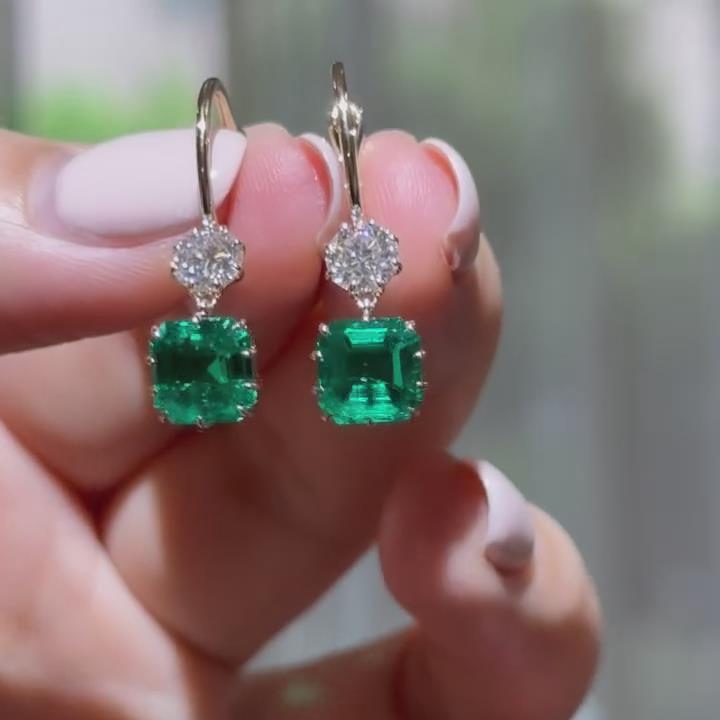Asscher Cut Emerald Green Sterling Silver Yellow Gold Drop Earrings