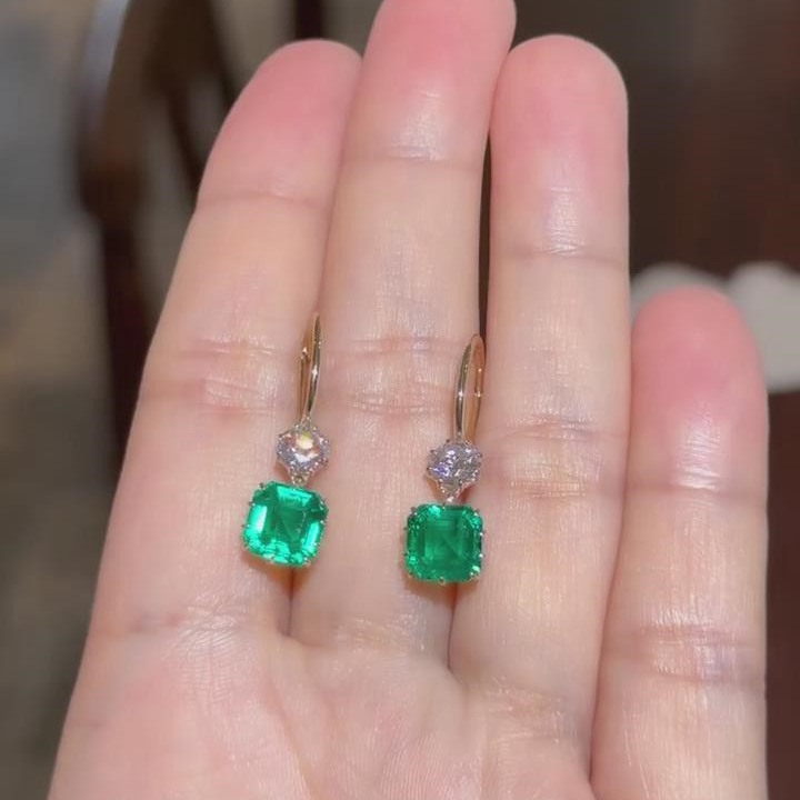 Asscher Cut Emerald Green Sterling Silver Yellow Gold Drop Earrings