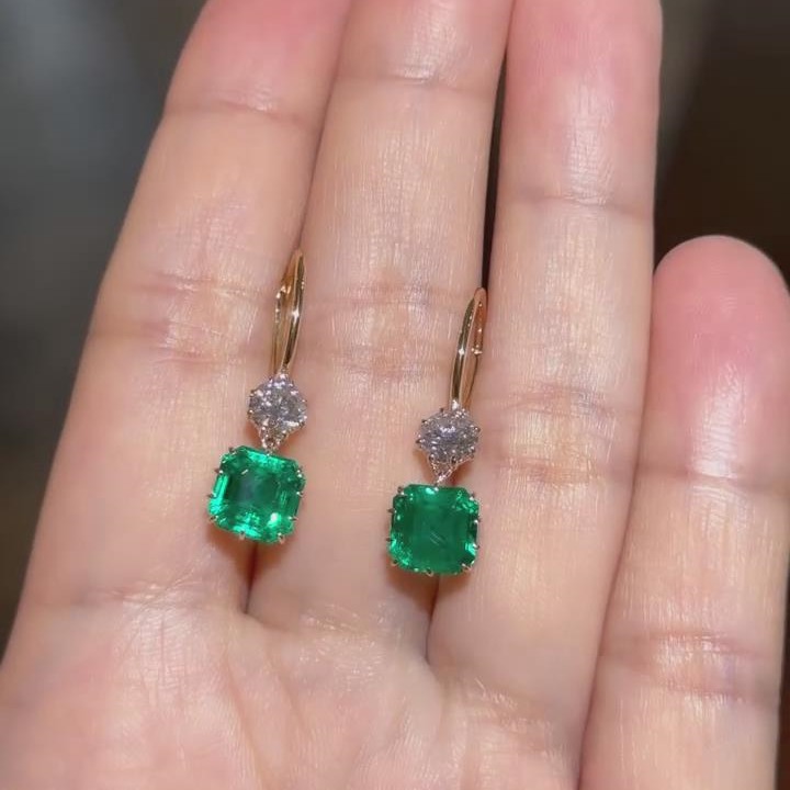 Asscher Cut Emerald Green Sterling Silver Yellow Gold Drop Earrings