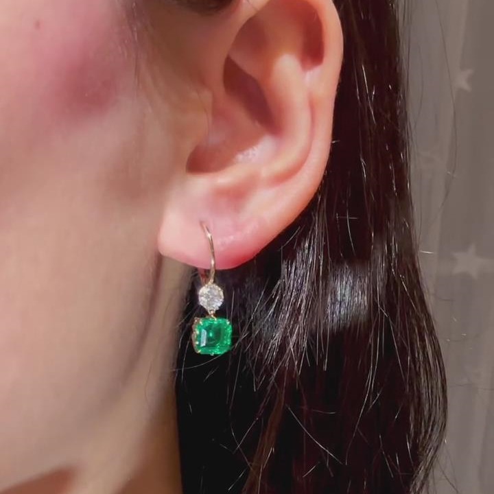Asscher Cut Emerald Green Sterling Silver Yellow Gold Drop Earrings